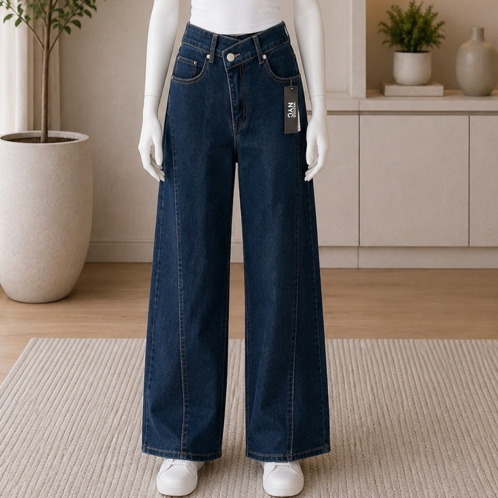 Madden NYC Womens Wide Leg Jeans Crossover Waist Dark Indigo Wash Size L 12-14